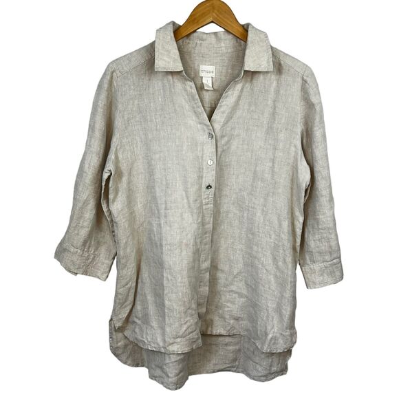Chico's Beige Tan 100% Linen Button-Up Tunic Shirt Shirt - Picture 1 of 10